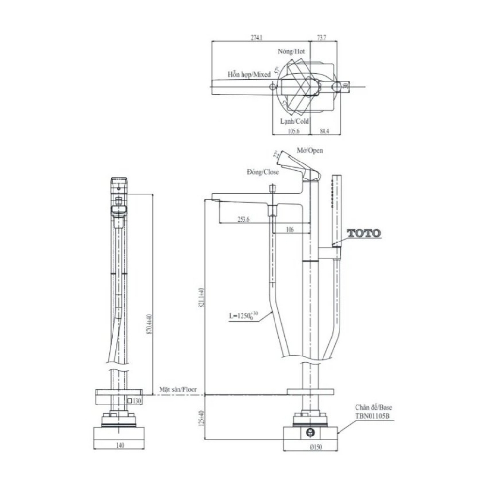 Vòi xả bồn nóng lạnh kèm sen vòi GB (loại đặt sàn) (kèm đế) TOTO TBG10306AA#MBL/TBN01105B đen mờ