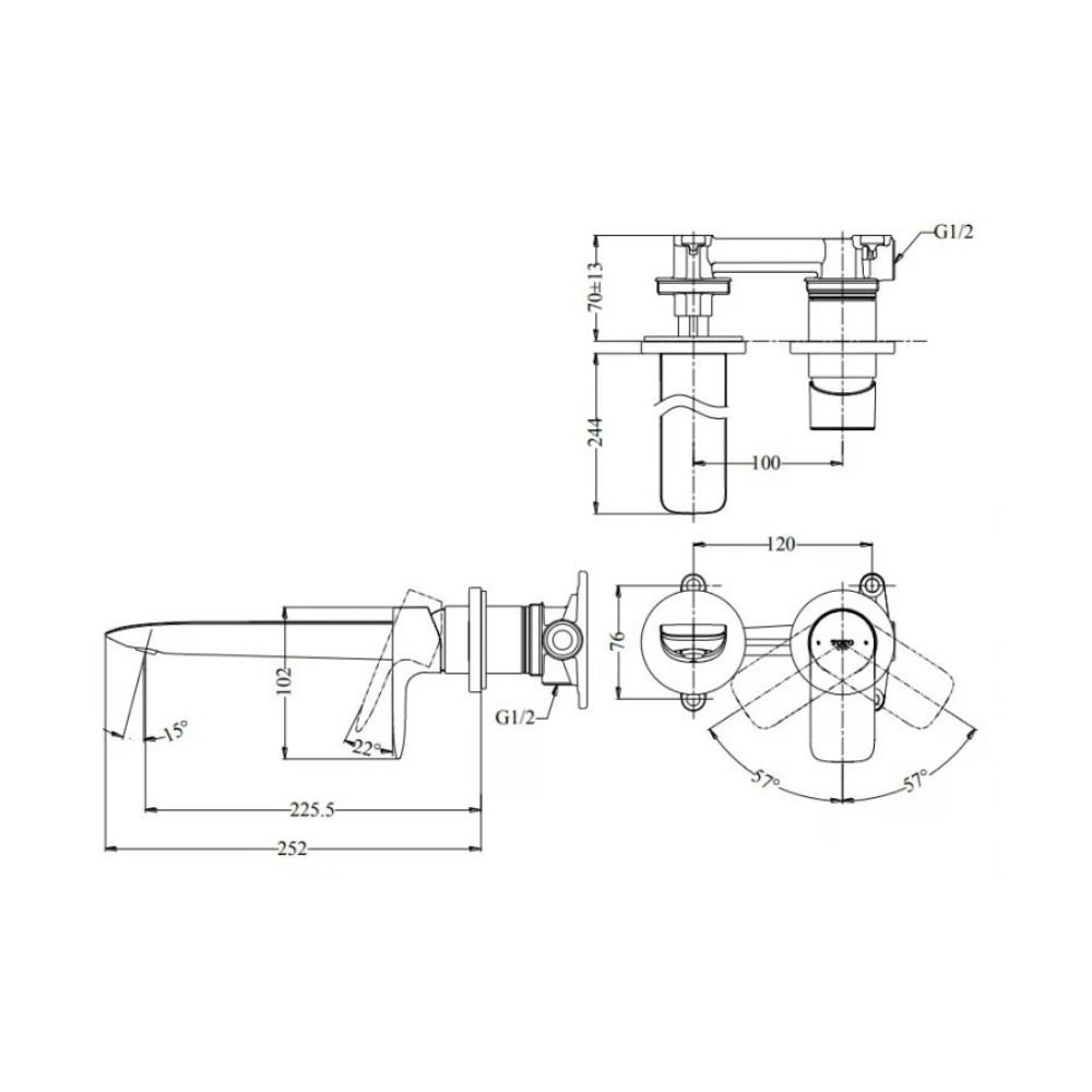 Vòi chậu gật gù nóng lạnh gắn tường GA (2 lỗ) TOTO TLG04310BB#MBL đen mờ