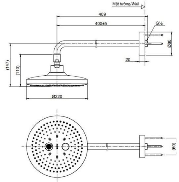 Bản vẽ kỹ thuật bát sen gắn tường TOTO TBW01004BB#MBL màu đen mờ dáng tròn 2 chế độ