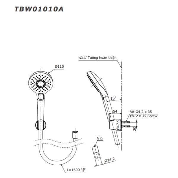 Bản vẽ kỹ thuật bát sen cầm tay TOTO TBW01010A#BFG màu vàng pháp mờ 3 chế độ