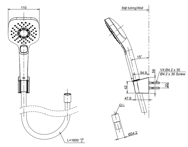 Bản vẽ kỹ thuật bát sen cầm tay TOTO TBW02006B#BFG màu vàng pháp mờ 3 chế độ
