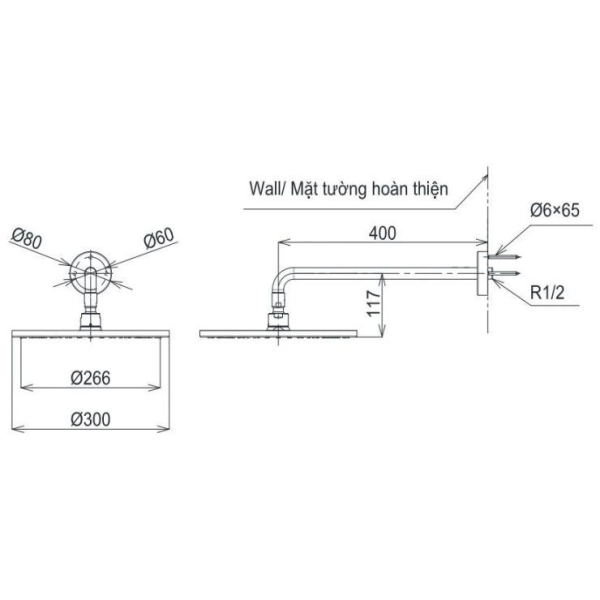 Bản vẽ kỹ thuật bát sen gắn tường TOTO TBW07003A#MBL màu đen mờ 300 mm dáng tròn 1 chế độ