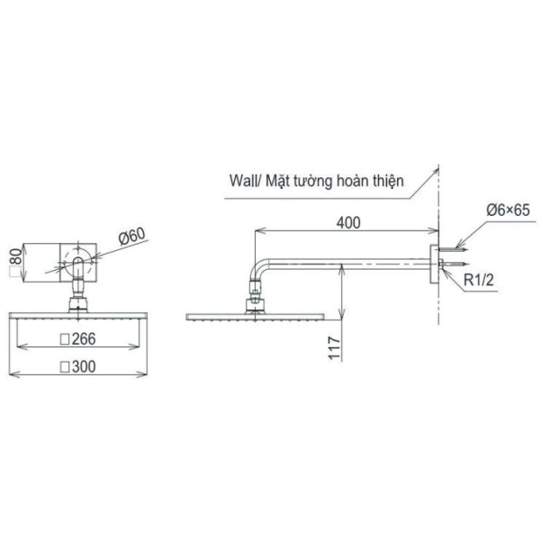 Bản vẽ kỹ thuật bát sen gắn tường TOTO TBW08003A#MBL màu đen mờ 300 mm dáng vuông 1 chế độ