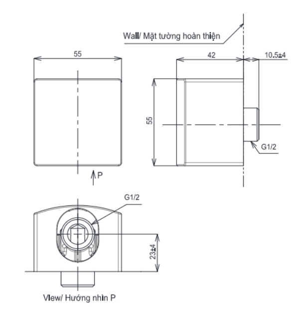 Bản vẽ kỹ thuật cút nối tường TOTO TBW08009A#BFG màu vàng pháp mờ