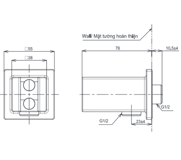Bản vẽ kỹ thuật gác sen TOTO TBW08010A#MBL màu đen mờ kèm cút nối tường