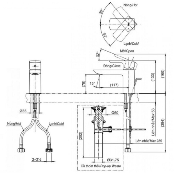 Bản vẽ kỹ thuật vòi lavabo TOTO TLG02301B#BGP màu vàng Pháp mờ 2 chế độ