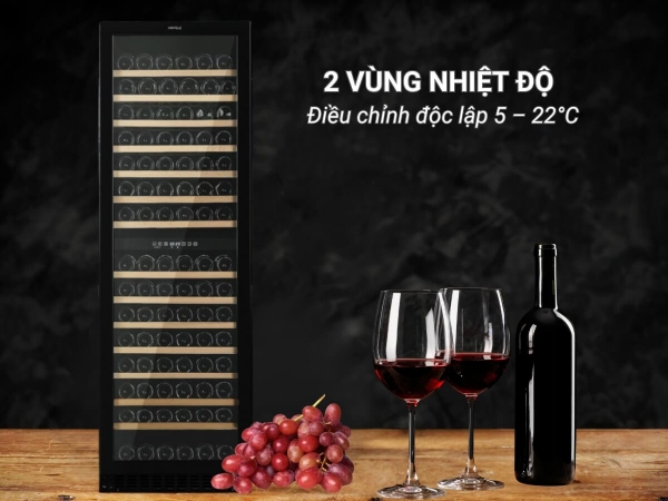 Tủ được trang bị hai vùng nhiệt độ độc lập từ 5 – 22°C, cho phép cài đặt nhiệt độ khác nhau tùy loại rượu