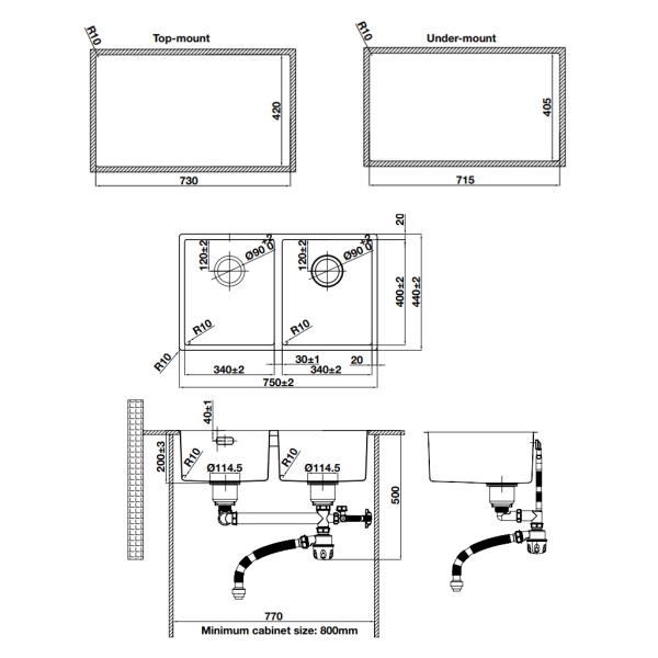 Bản vẽ kỹ thuật Chậu rửa chén Hafele R10 HS24-SSN2S-750 _BR 567.24.427