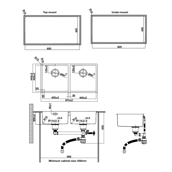 Bản vẽ kỹ thuật Chậu rửa chén Hafele R10 HS24-SSN2S-870 _BR 567.24.437