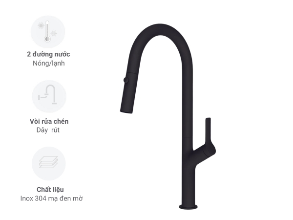 Vòi rửa chén Hafele LUX-P HT25-SH1F449 570.85.044 dây rút màu đen mờ