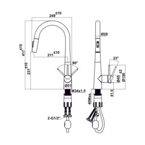Bản vẽ kỹ thuật Vòi rửa chén Hafele HT24-SH1P417 570.85.041 màu Chrome mờ
