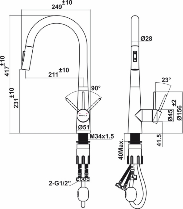 Bản vẽ kỹ thuật Vòi rửa chén Hafele HT24-SH1P417 570.85.041 màu titan