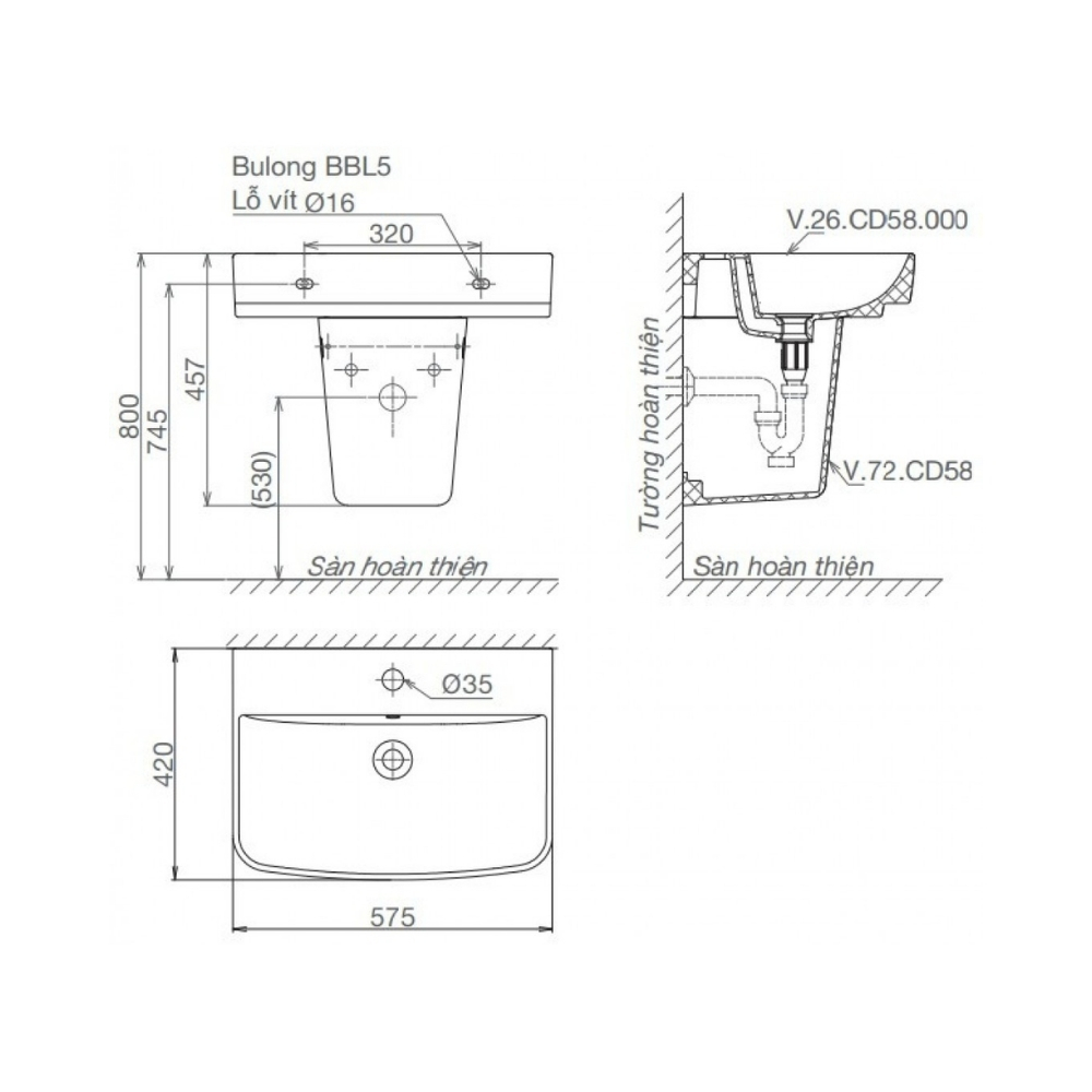 Chậu + Chân treo tường V58 (CD58)