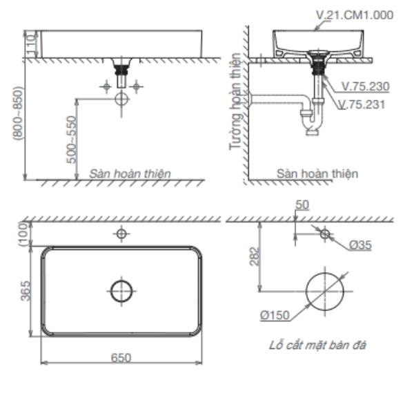 Bản vẽ kỹ thuật Chậu vành mỏng CM01 tinh tế, tối giản và thanh lịch