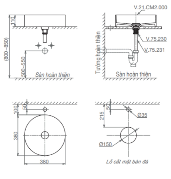 Bản vẽ kỹ thuật Chậu vành mỏng CM02