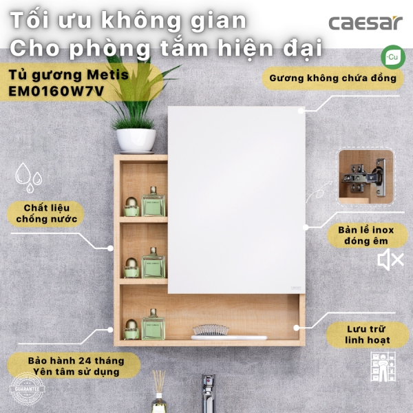 Tủ gương Caesar EM0160W7V màu vân gỗ 60cm