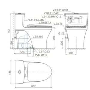 Bản vẽ kỹ thuật Bàn cầu một khối HL2 + Xịt VG826 + VG853