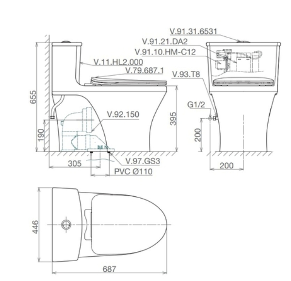 Bản vẽ kỹ thuật Bàn cầu một khối HL2 + Xịt VG826 + VG853