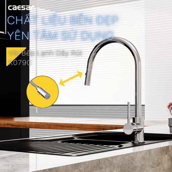 Vòi rửa chén Caesar K079C nóng lạnh dây rút