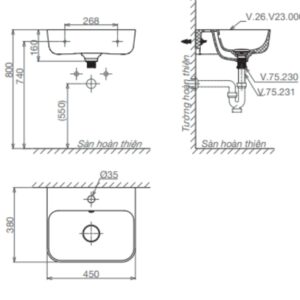 Bản vẽ kỹ thuật Chậu treo tường + Chân V23