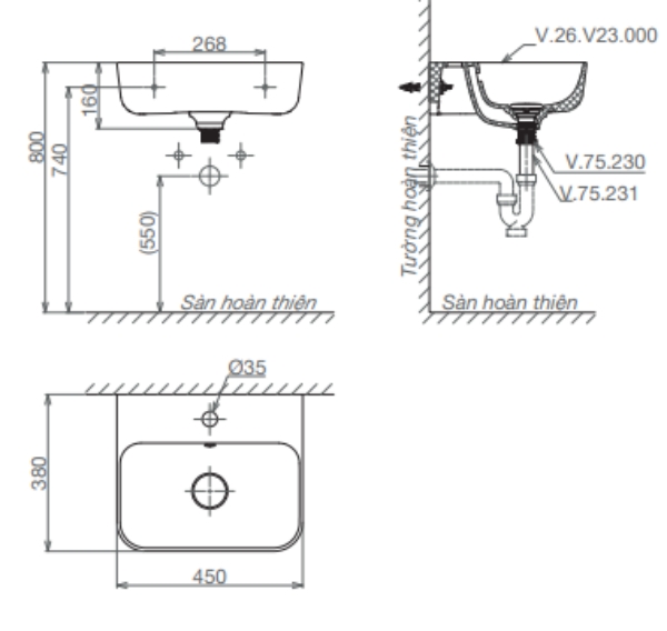 Bản vẽ kỹ thuật Chậu treo tường + Chân V23