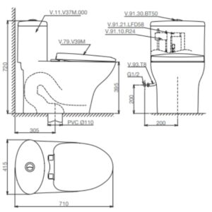 Bản vẽ kỹ thuật Bàn cầu một khối V37M + Vòi xịt VG826
