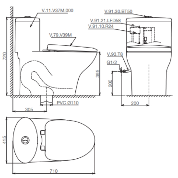 Bản vẽ kỹ thuật Bàn cầu một khối V37M + Vòi xịt VG826