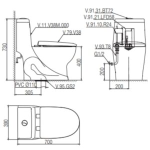 Bản vẽ kỹ thuật Bàn cầu một khối V38M + Vòi xịt VG826
