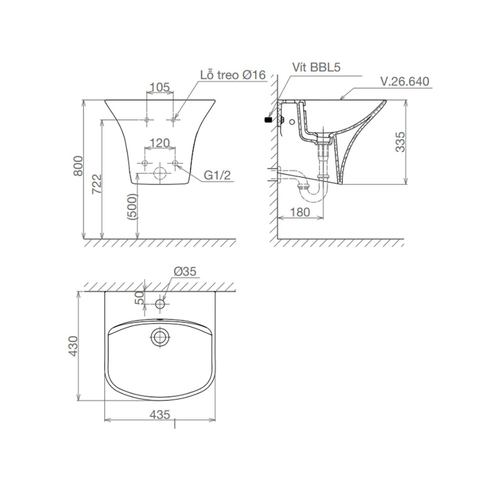 Chậu liền chân treo tường V64