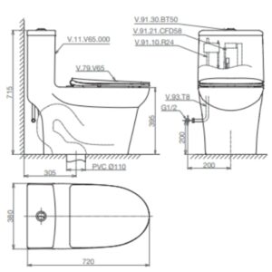 Bản vẽ Bàn cầu một khối V65 + Xịt VG826 + VG853