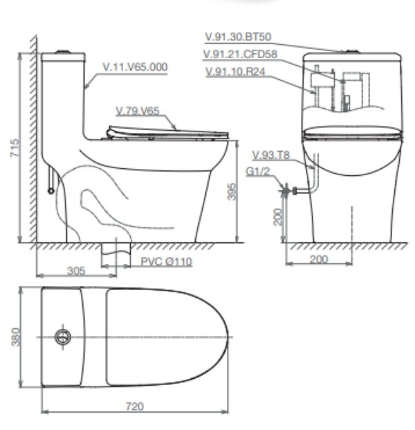 Bản vẽ Bàn cầu một khối V65 + Xịt VG826 + VG853