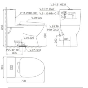 Bản vẽ kỹ thuật Bàn cầu một khối V808 + Xịt VG826 + VG853