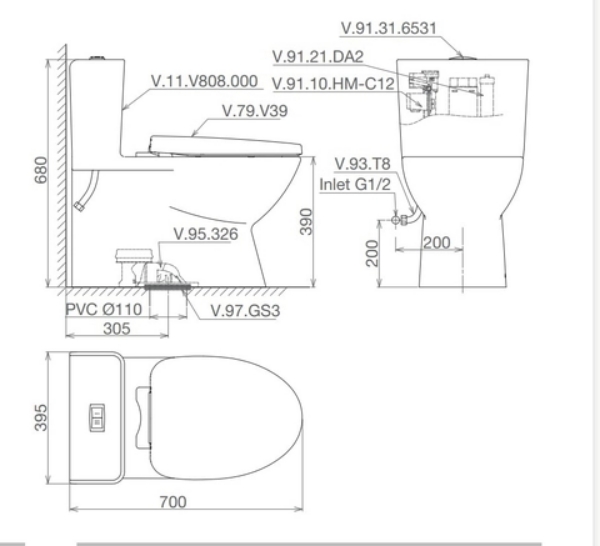 Bản vẽ kỹ thuật Bàn cầu một khối V808 + Xịt VG826 + VG853