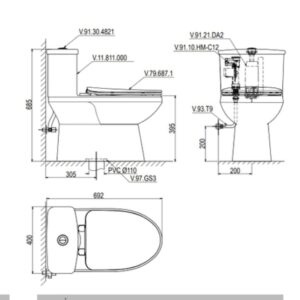 Bản vẽ kỹ thuật Bàn cầu một khối V811 + Xịt VG826