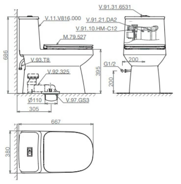 bản vẽ Bàn cầu một khối V816 + VG826 + VG853