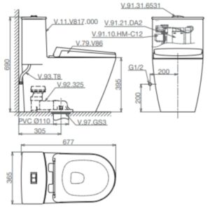 Bản vẽ kỹ thuật Bàn cầu một khối V817 + Xịt VG826 + VG853