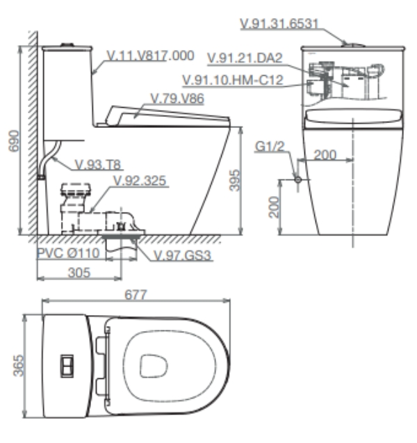 Bản vẽ kỹ thuật Bàn cầu một khối V817 + Xịt VG826 + VG853