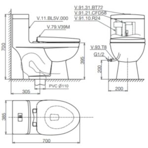 Bản vẽ kỹ thuật Bàn cầu một khối V825 + Xịt VG826
