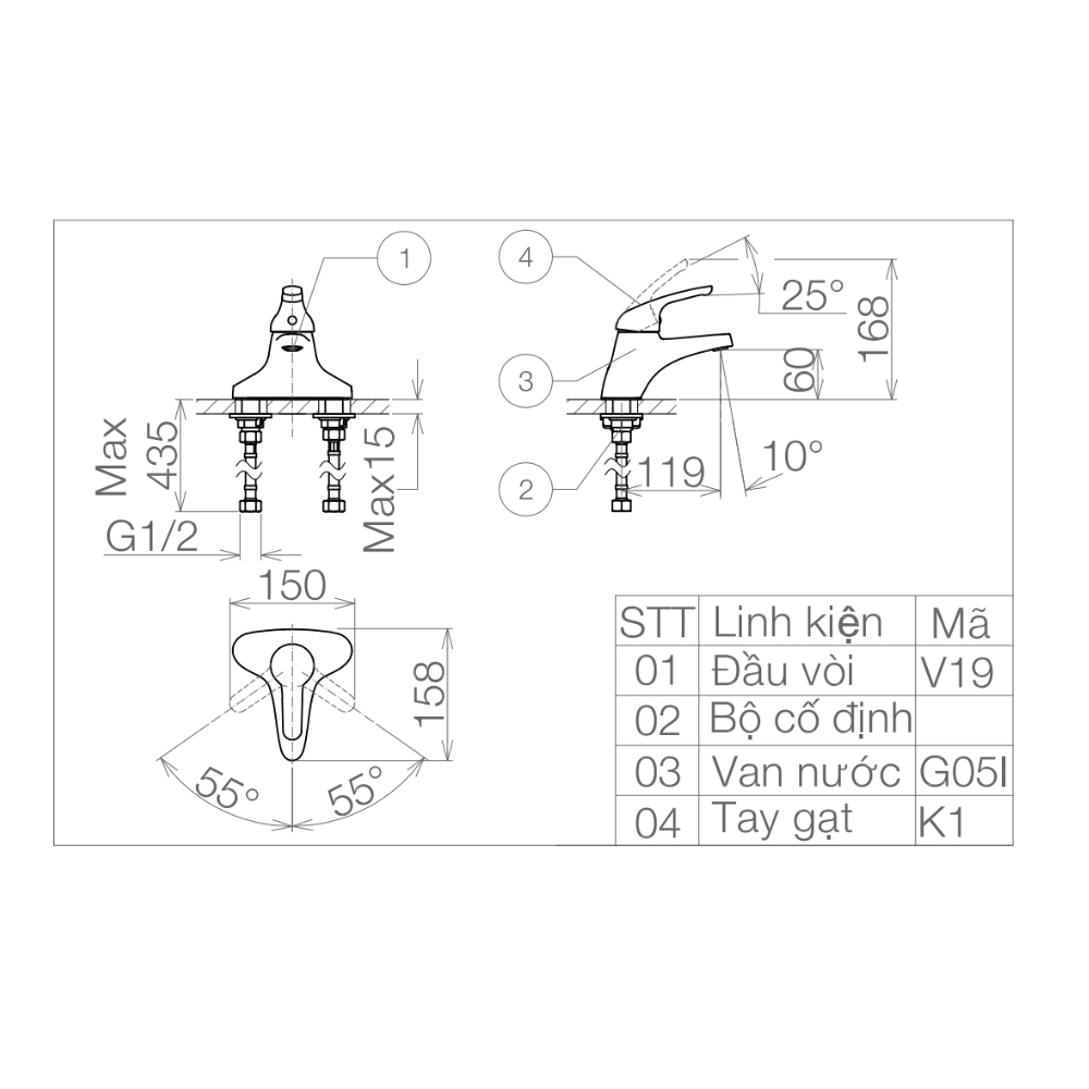 Vòi chậu lavabo 3 lỗ nóng lạnh VG302 (VSD 302)