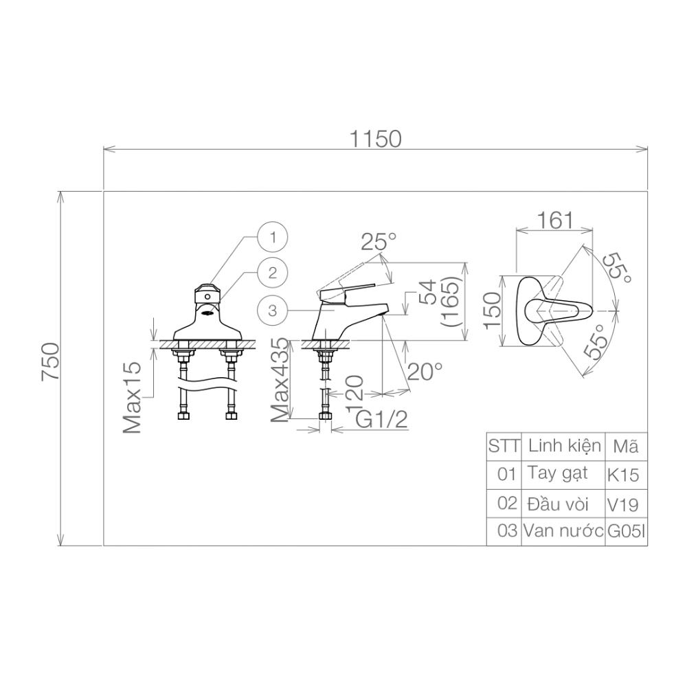 Vòi chậu lavabo 3 lỗ nóng lạnh VG315