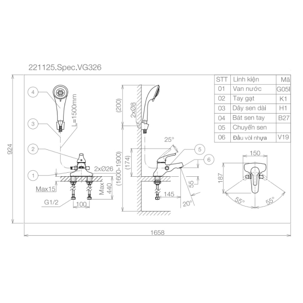 Vòi chậu 3 lỗ liền sen nóng lạnh VG326