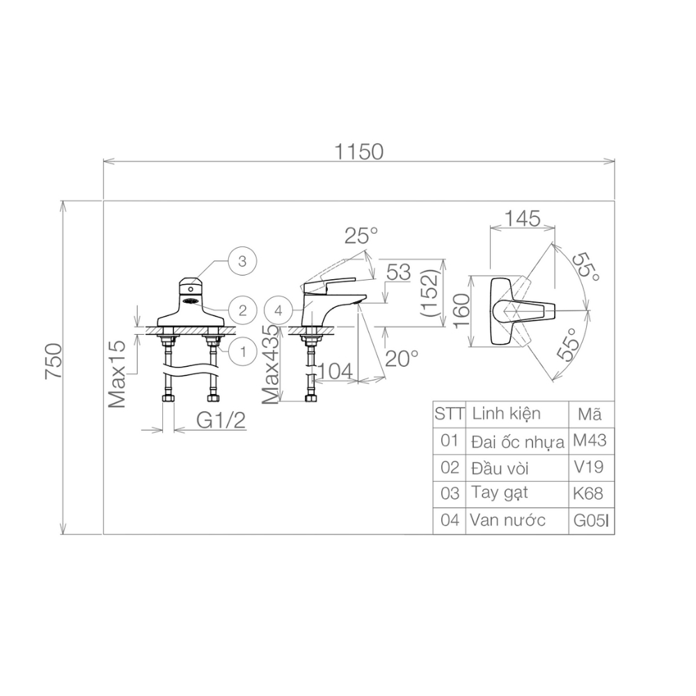 Vòi chậu lavabo 3 lỗ nóng lạnh VG368