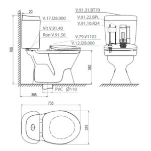 Bản vẽ kỹ thuật Bàn cầu hai khối VI28 + Chậu VTL2 (hoặc VTL3 hoặc VTL3N)