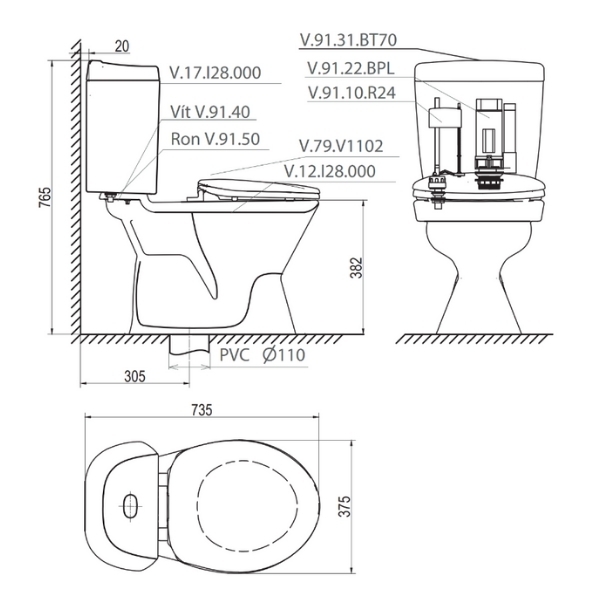 Bản vẽ kỹ thuật Bàn cầu hai khối VI28 + Chậu VTL2 (hoặc VTL3 hoặc VTL3N)