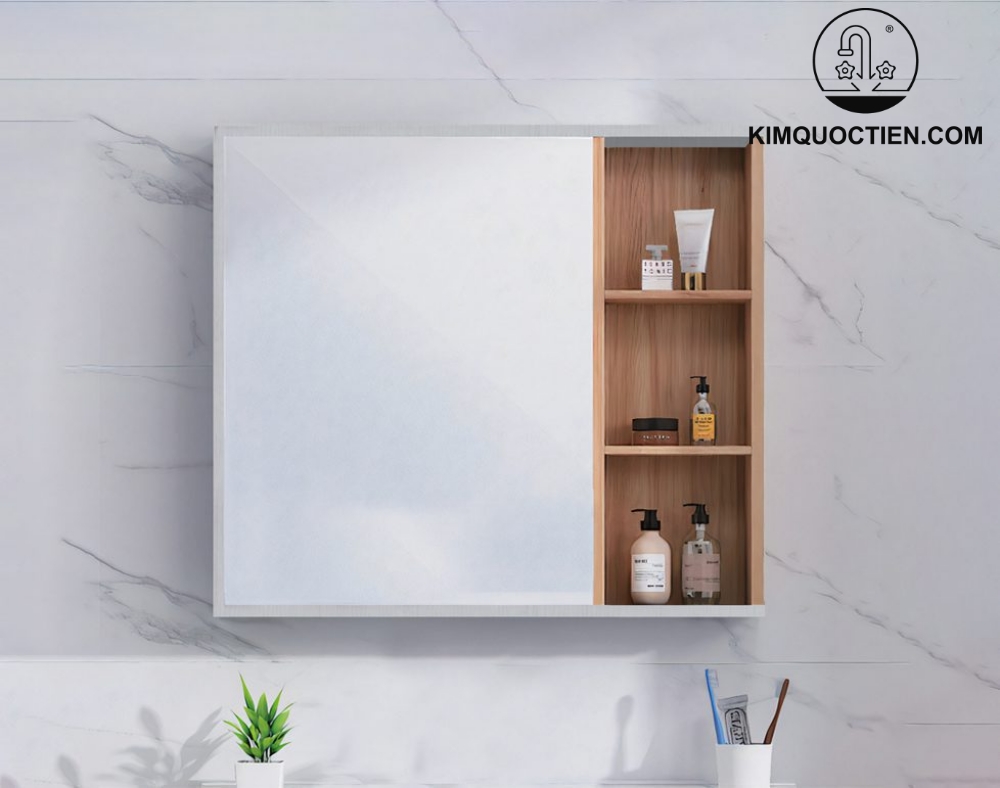 Tủ gương Mowoen tích hợp gương HD, đèn LED và ngăn chứa, giúp phòng tắm gọn gàng và tiện nghi.