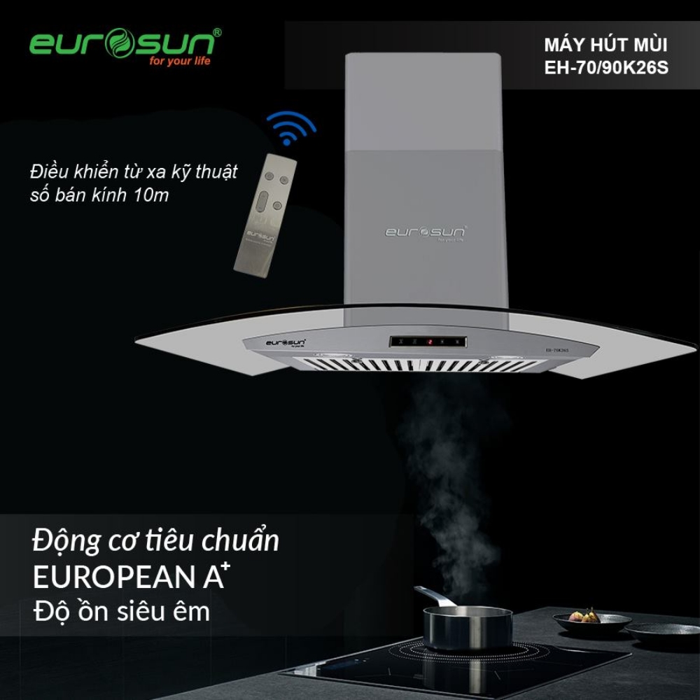 Máy hút mùi Eurosun với cảm biến tự động, đèn LED vùng nấu và khả năng hút – lọc mạnh giúp giữ bếp luôn sạch thoáng