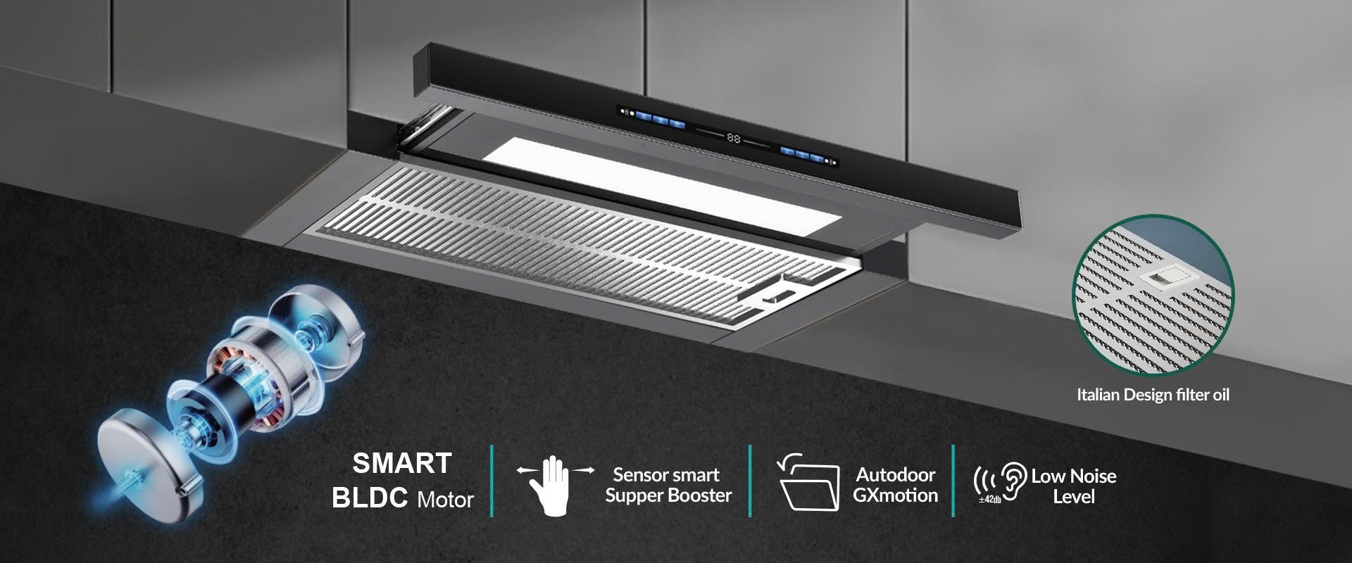 Động cơ Inverter BLDC giúp máy hút mùi GrandX êm và tiết kiệm điện