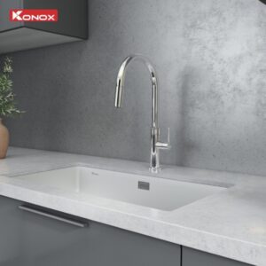 Vòi rửa bát dây rút Konox Lasi Chrome tích hợp hai đường nước nóng lạnh