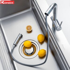 Vòi rửa bát dây rút Konox Stream Smart Chrome ứng dụng công nghệ dòng chảy Neoperl thế hệ mới 2025