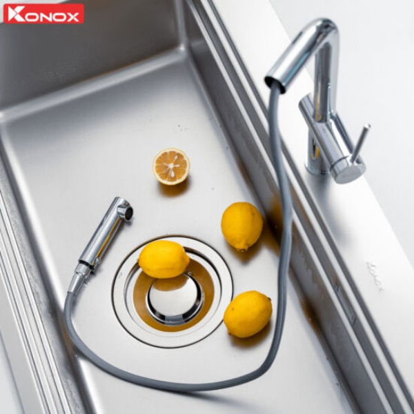 Vòi rửa bát dây rút Konox Stream Smart Chrome ứng dụng công nghệ dòng chảy Neoperl thế hệ mới 2025